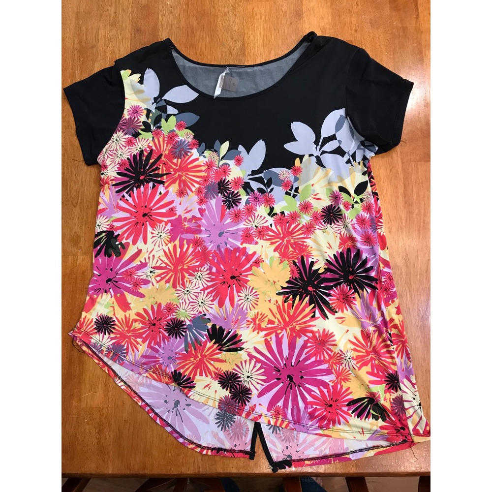 Nygard Womens XL Floral Short Sleeve Scoop Neck Tulip Hem Blouse Black Multi